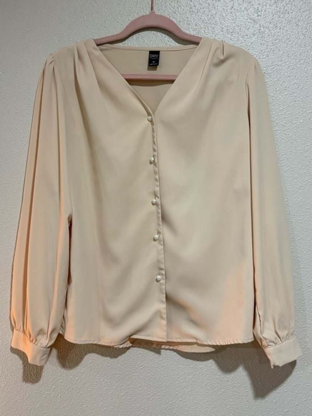 Dazy Pearl-Button Cream Long-Sleeve Blouse